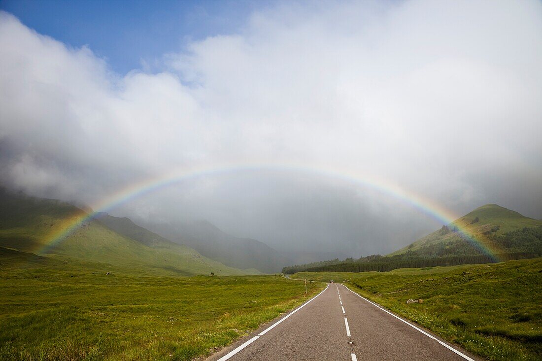 Scotland,Highland Region,Empty Road and Rainbow
