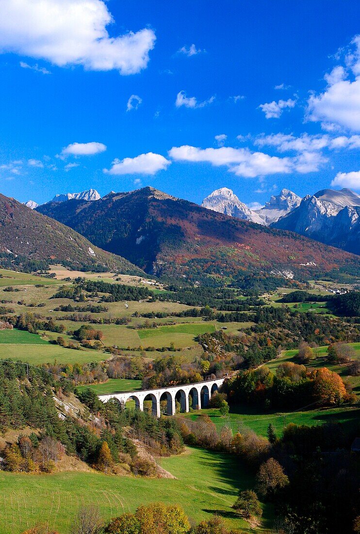 France, Drome (26) landscape Luz La Croix Haute border between the Southern Alps and the northern Alps, railway viaduct, the line of the Alps