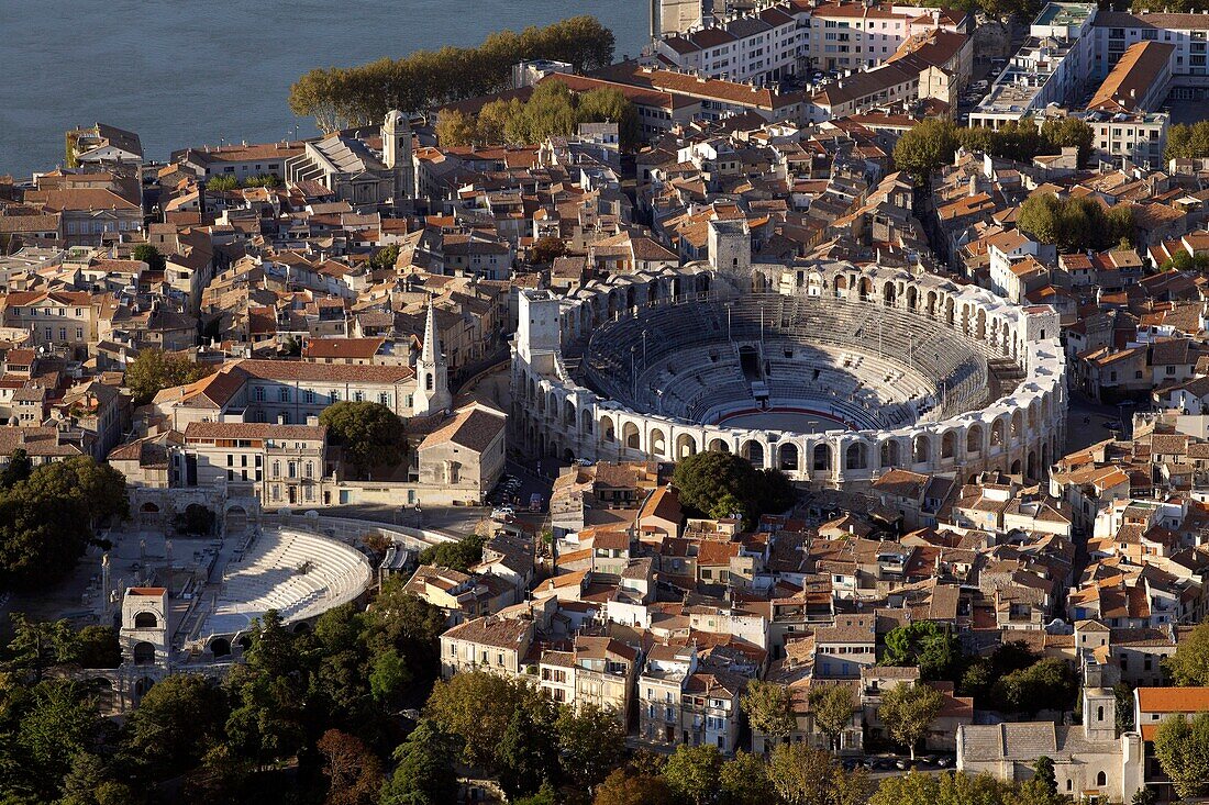 France, Bouche-du-Rhône (13), Arles, amphitheater, the Roman Theatre and the Church of St. Trophimus, (aerial view)