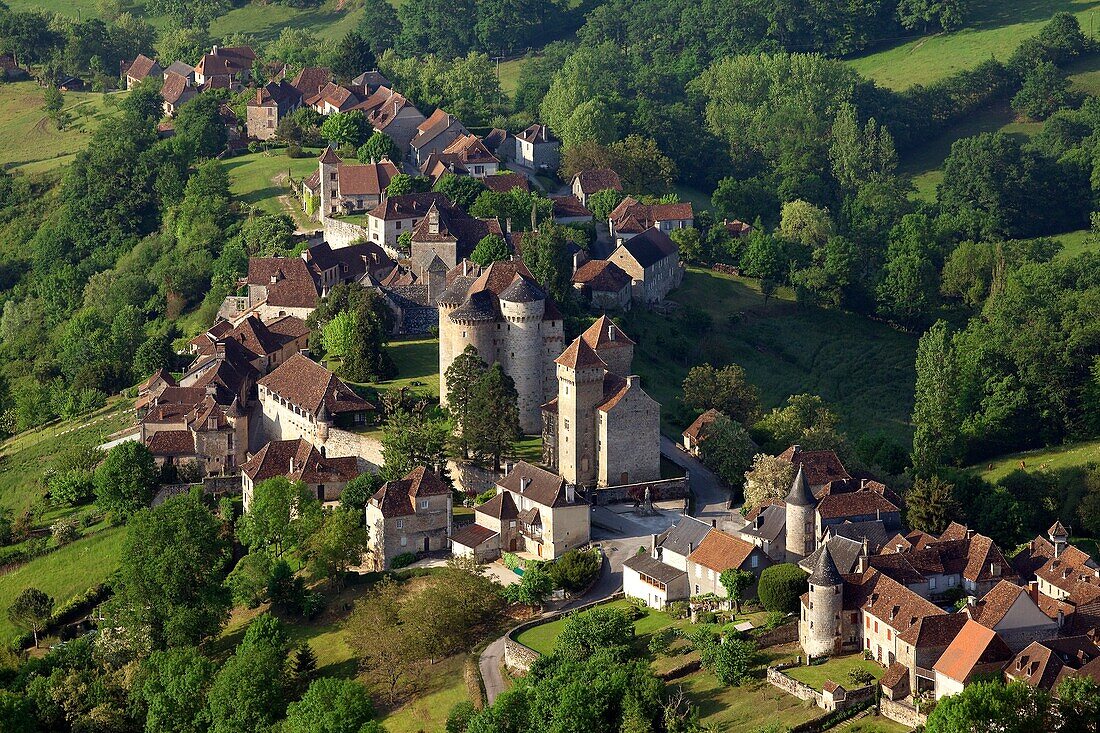 France, Correze (19), Curemonte, village labeled The Most Beautiful Villages of France, the castles of Saint-Hilaire and Plas are a set of two castles, (aerial view)