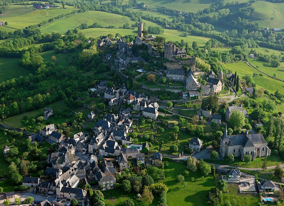 France, Correze (19), Turenne, village labeled The Most Beautiful Villages of France, the tower remains of Caesar thirteenth-century castle, overlooks the village, (aerial view)