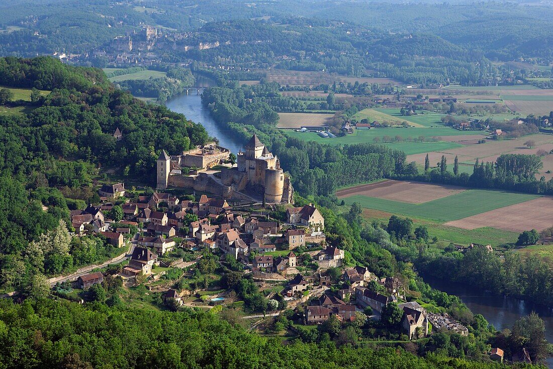 France, Dordogne (24), Castelnaud-la-Chapelle, a village labeled The Most Beautiful Villages, the strong castle of the twelfth twelfth century overlooking the Dordogne valley, (aerial view)