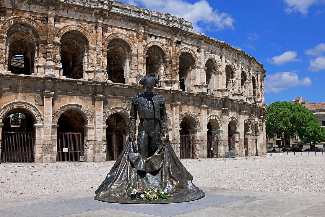 France, Gard (30), the statue of the bullfighter Nimes to the Arena, the Roman amphitheater is classified a historical monument