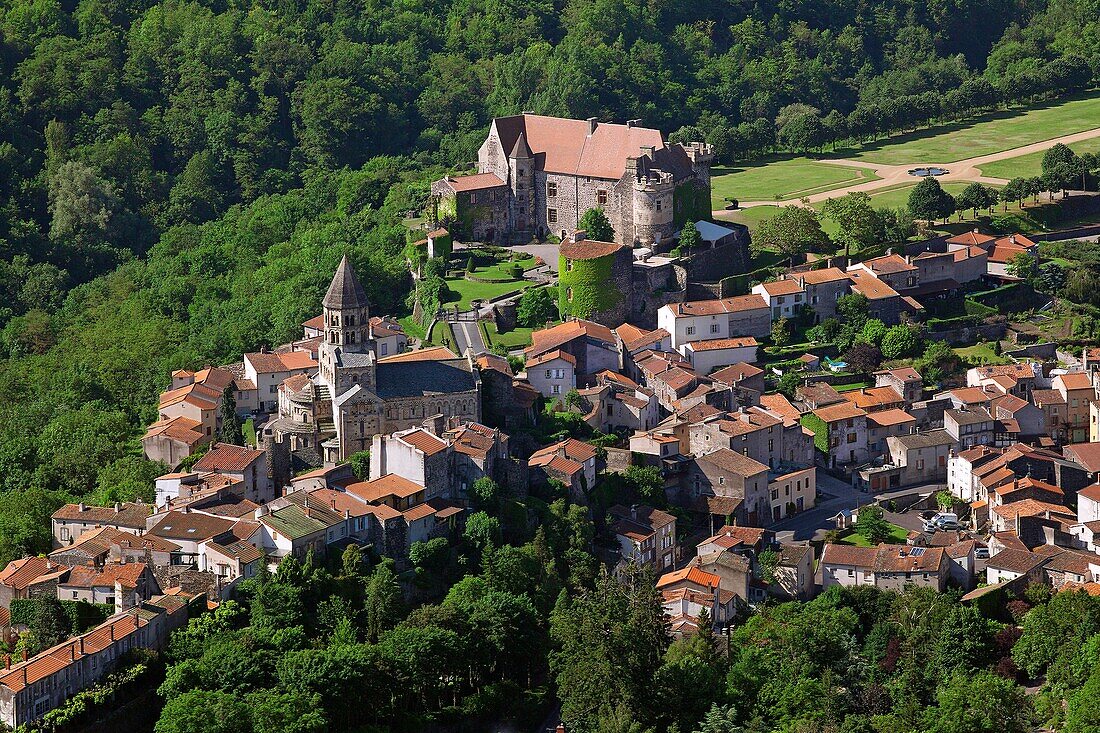 France, Puy de Dome (63), Saint-Saturnin, labeled The Most Beautiful Villages of France, dominated by the castle of the thirteenth century Romanesque church Auvergne, (aerial view)