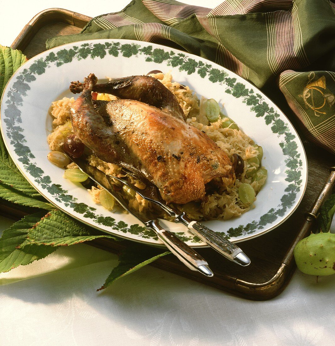 Palatine style pheasant (with Riesling and sauerkraut)