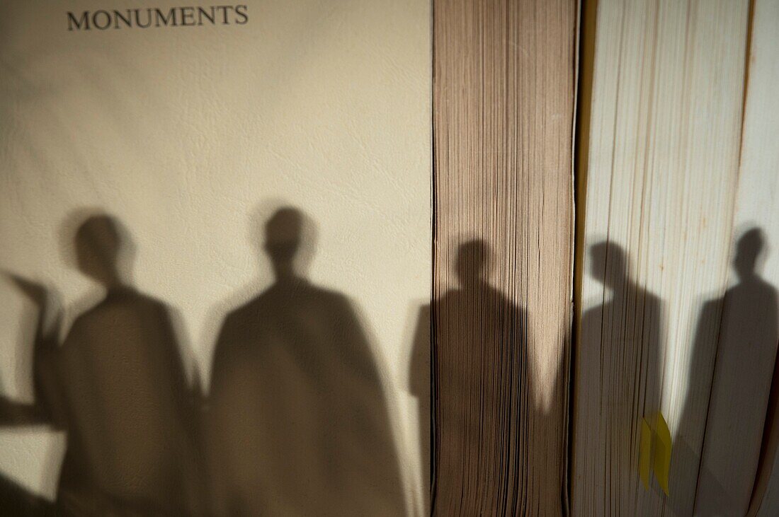 Shadows concerned by characters on the edge of several books