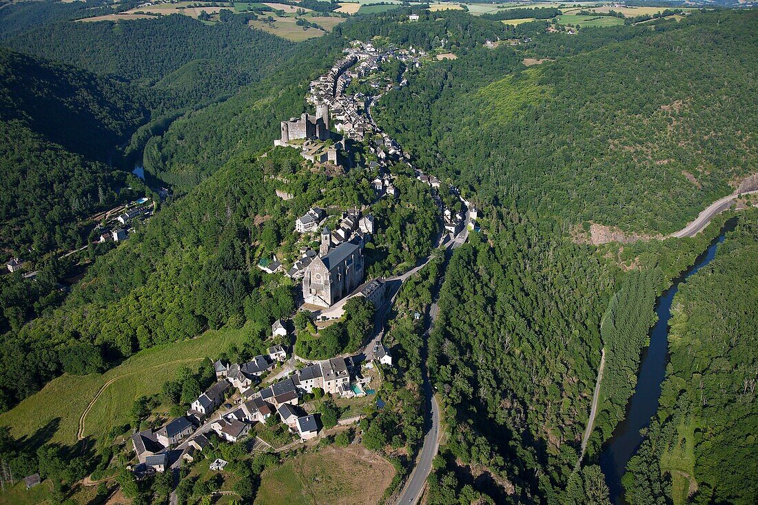 France, Aveyron (12), Najac, hilltop village located in the gorges of the Aveyron, village labeled The Most Beautiful Villages of France, (aerial photo)