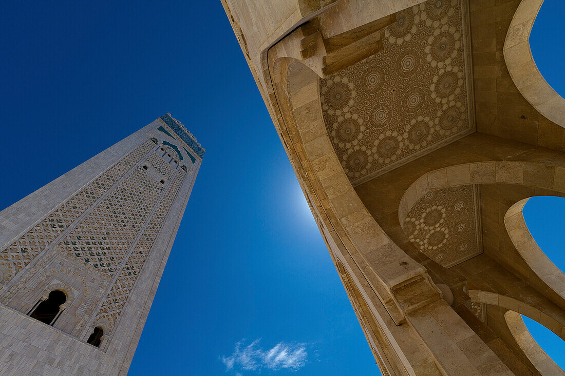 Mosque and Mineret Against Blue Sky, Low Angle View, Casablanca, Morocco