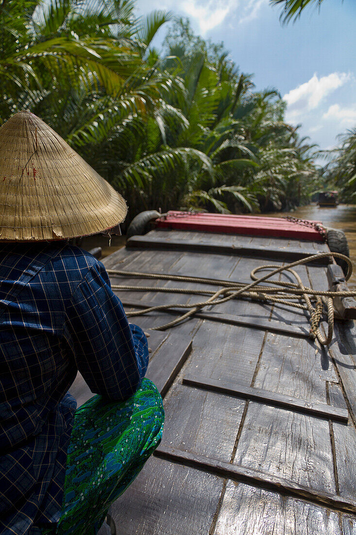 Person in Conical Hat on Boat in River, Rear View, Mekong Delta, Vietnam