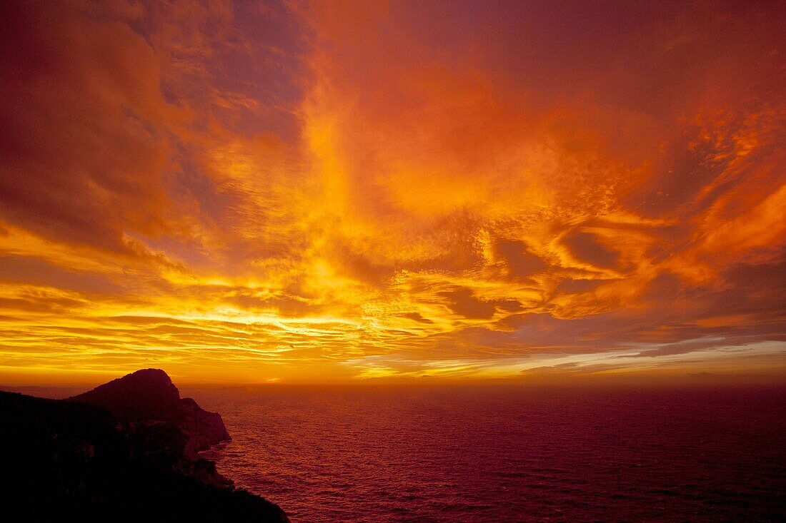 sunset over Nunó Cap, Santa Agnès de Corona, Es Amunts, Ibiza, Balearic Islands, Spain