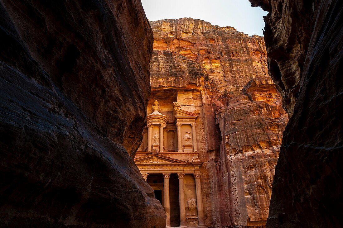 Approaching the Treasury Al-Khazneh from the Siq a 1200 meter long gorge in the Petra archaeological site a UNESCO world heritage site, Jordan