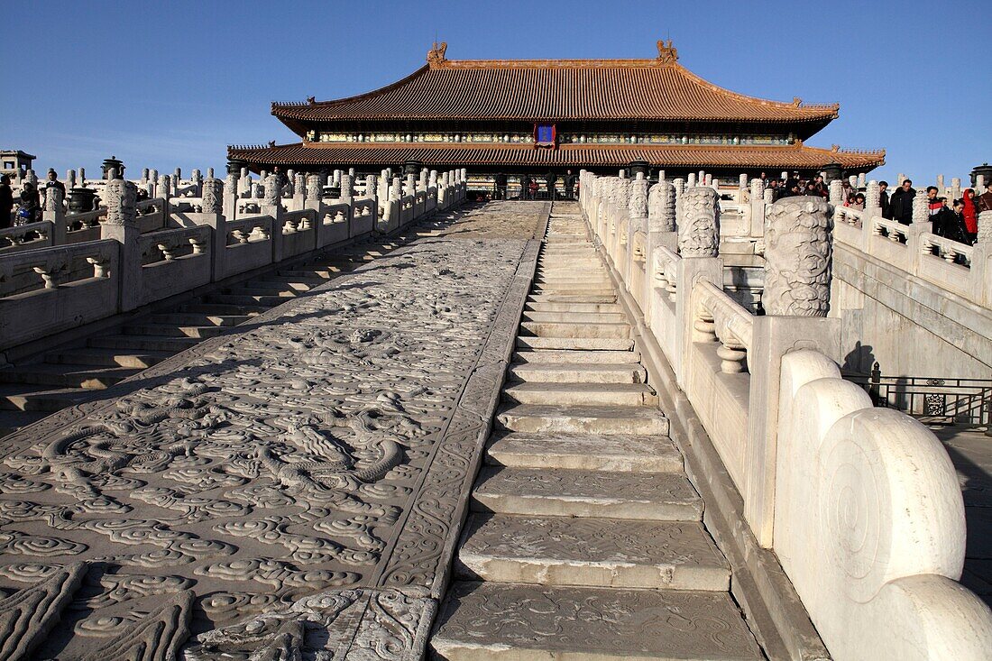 White marble carved royal staircases in front of Hall of Supreme Harmony Tai He Dian the ceremonial center of imperial power since Ming dynasty  Forbidden City  Beijing  China