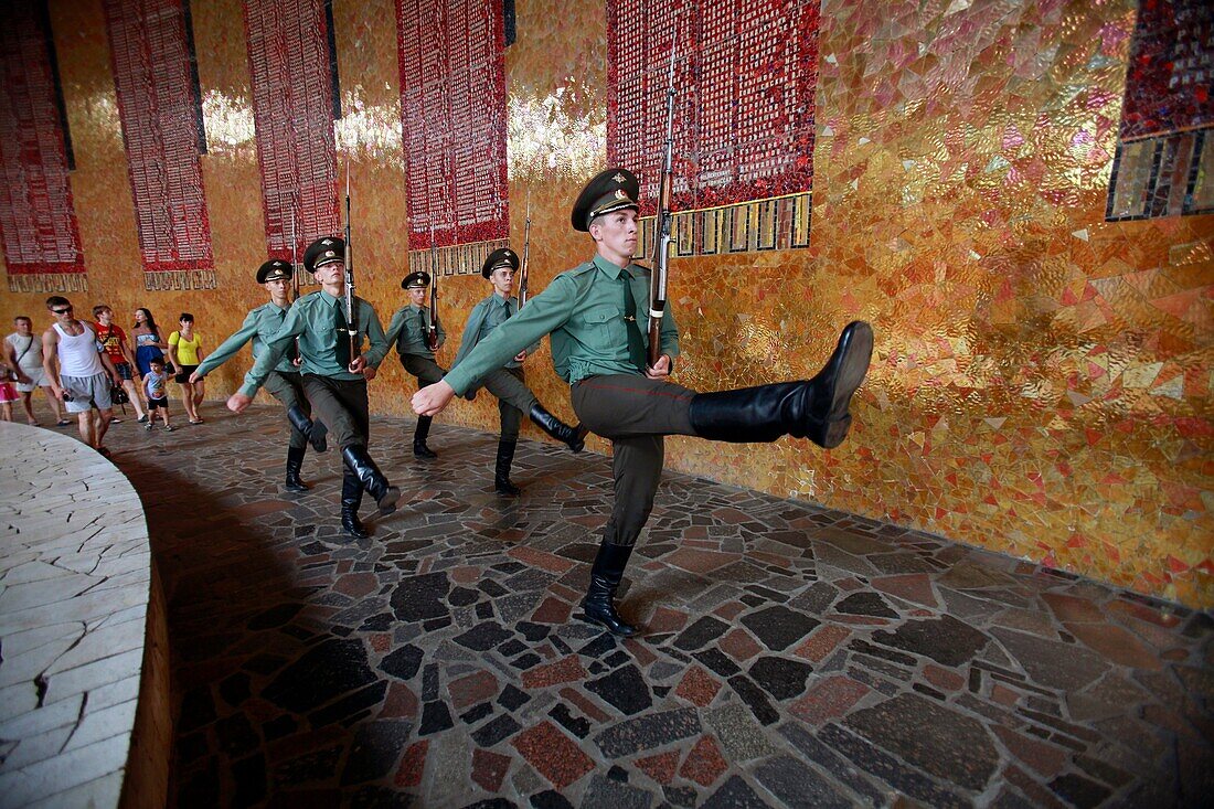 'Soldiers inside the The Hall of the Warrior Glory on Mamaev Kurgan Mamay Mound; Volgograd, Russian Federation'