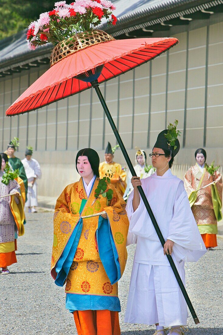Participants dressed in Imperial court costumes of the Heian period 794-1185 taking part in the Aoi Matsuri parade