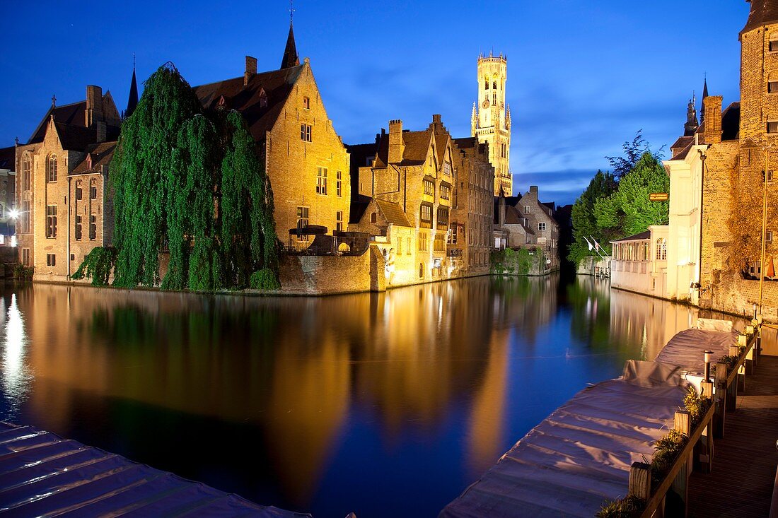 Rozenhoedkaai Quay of the rosary with Belfort tower, Bruges, Brugge, Flanders, Belgium, UNESCO World Heritage Site