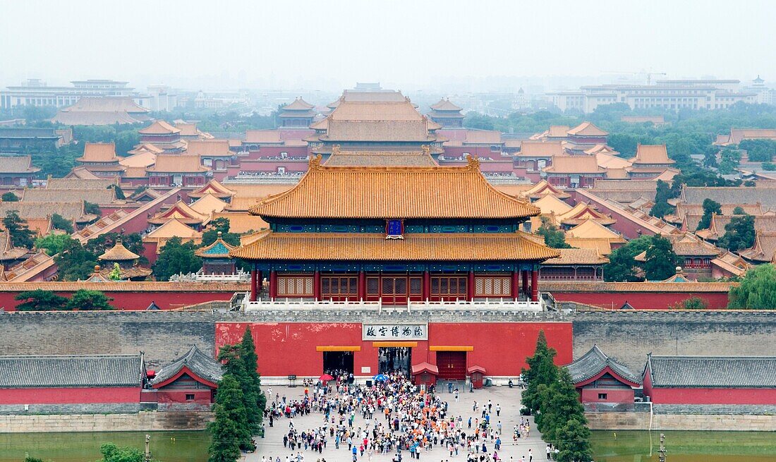 Aerial view of the Forbidden City Beijing China on a smoggy day