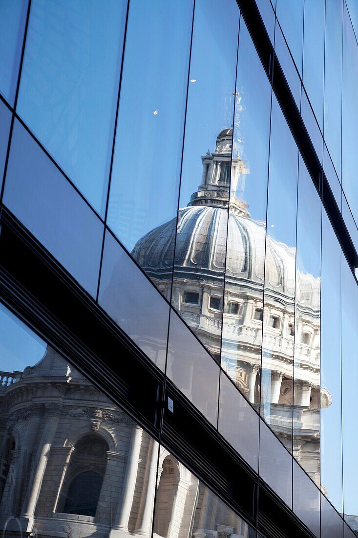 St Pauls Cathedral reflected in One New Change building, developed by Land Securities, Cheapside, London, United Kingdom