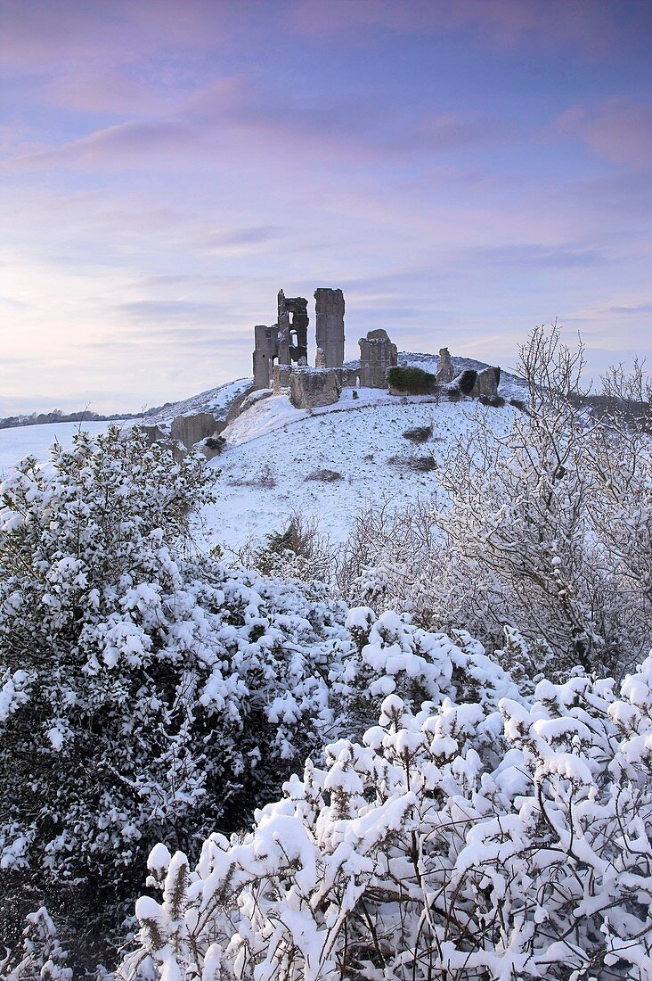 Corfe Castle after Heavy snow fall taken from East Hill Dorset