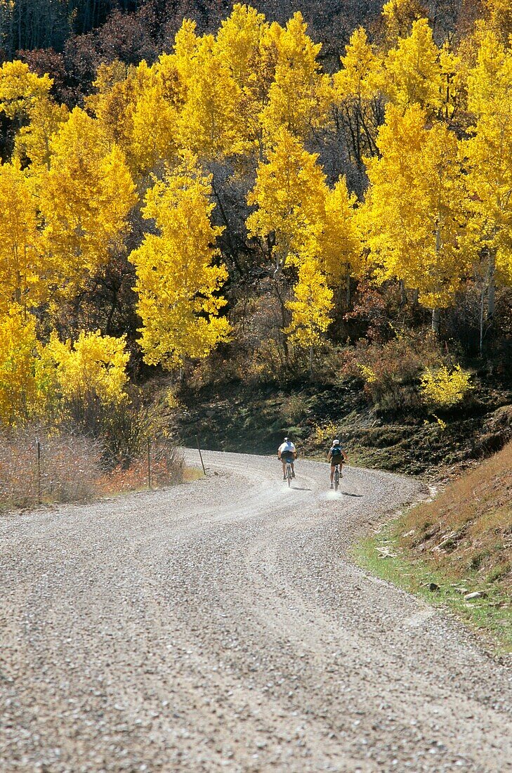 Couple bicycling gravel road in fall near Moab, Utah, USA