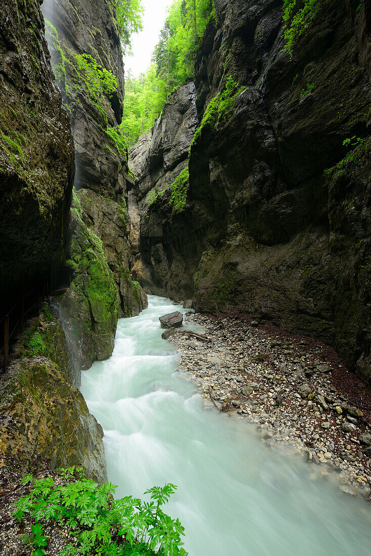 Gebirgsbach Partnach fließt durch Felsenklamm, Partnachklamm, Garmisch, Wettersteingebirge, Oberbayern, Bayern, Deutschland