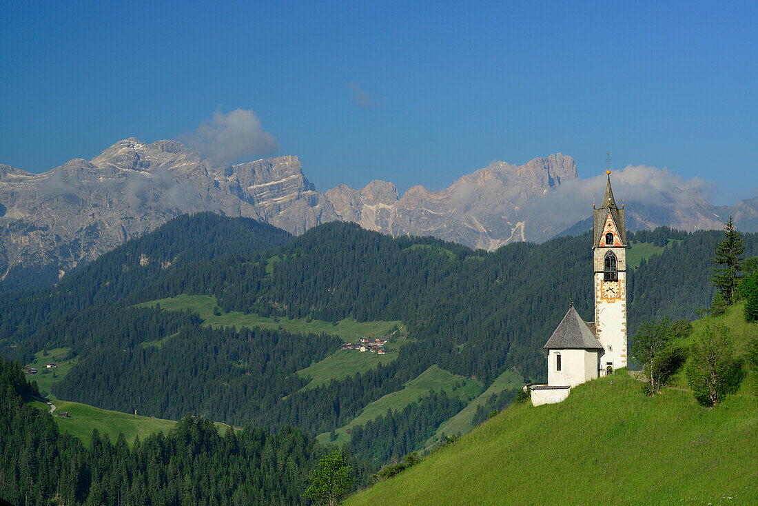 St. Barbara Church in front of Puez range and Geisler range, Val Badia, Dolomites, UNESCO world heritage site Dolomites, South Tyrol, Italy