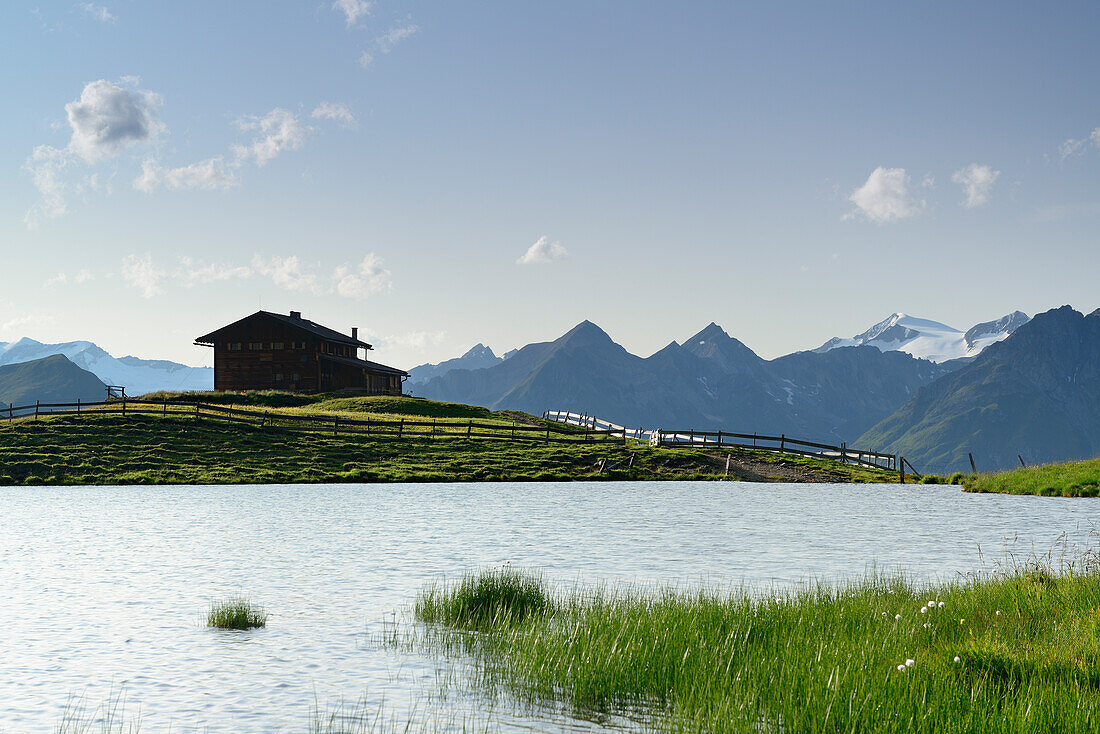 Lake Zupalsee and Zupalsee alpine hut with view to Grossvenediger, lake Zupalsee, Virgen valley, National Park Hohe Tauern, East Tyrol, Austria