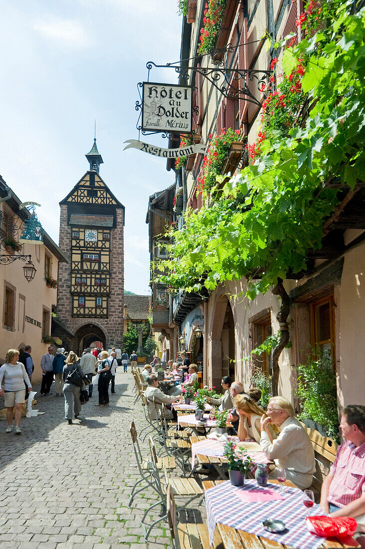 Restaurant and half-timbered houses, Riquewihr, Alsace, France