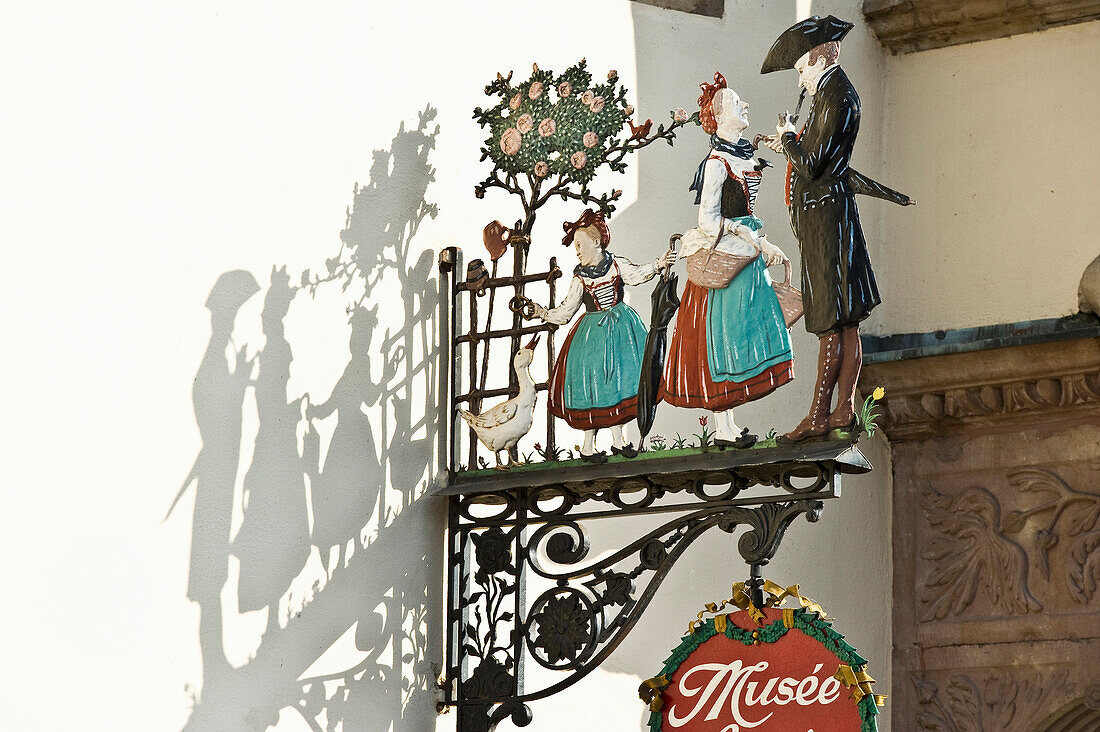 Wrought-iron museum sign in the old town of Strasbourg, historic district, Strasbourg, Alsace, France