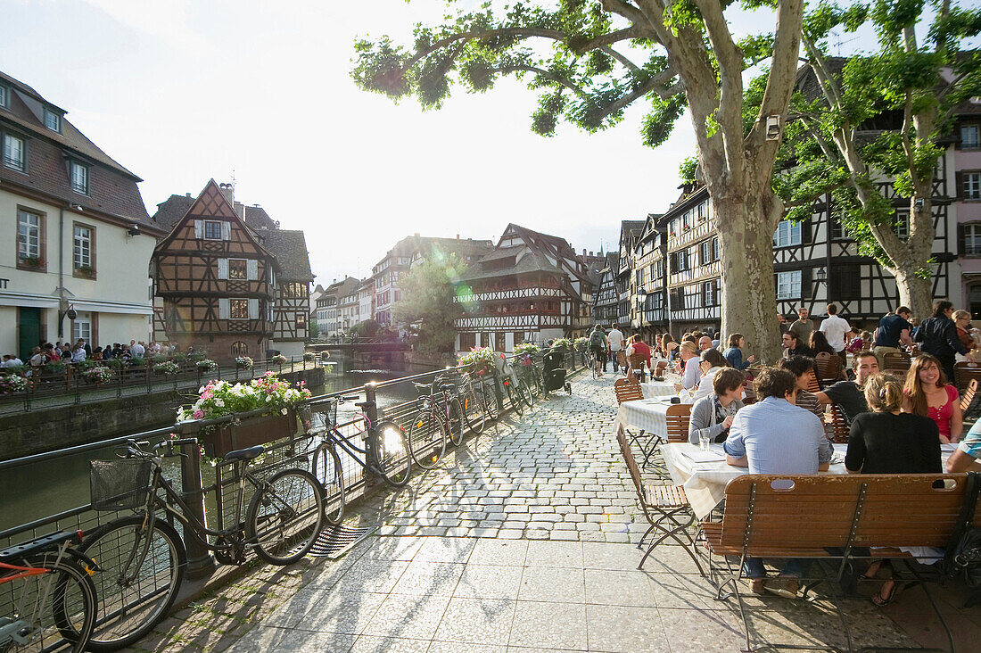 Restaurant along the canal in the Petite France quarter, Strasbourg, Alsace, France