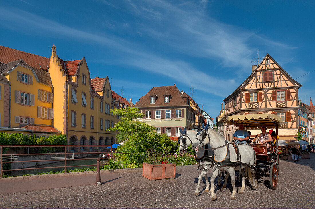 Horse drawn carriage in front of half timbered houses, Little Venice, Colmar, Alsace, France, Europe