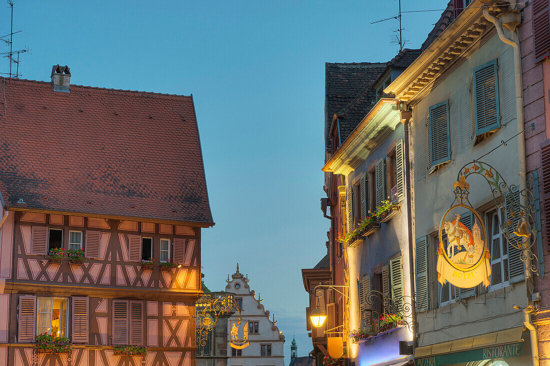 Half timbered houses at the old town in the evening, Colmar, Alsace, France, Europe