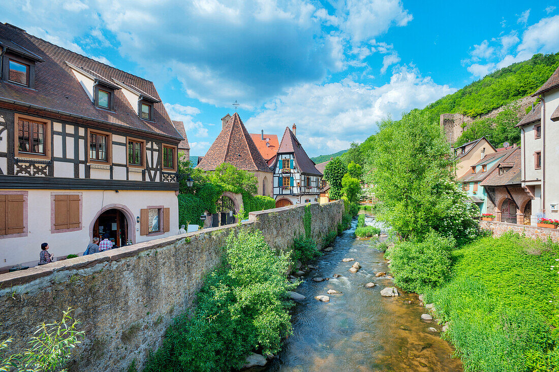 Half timbered houses at the Weiss river, Kaysersberg, Alsace, France, Europe