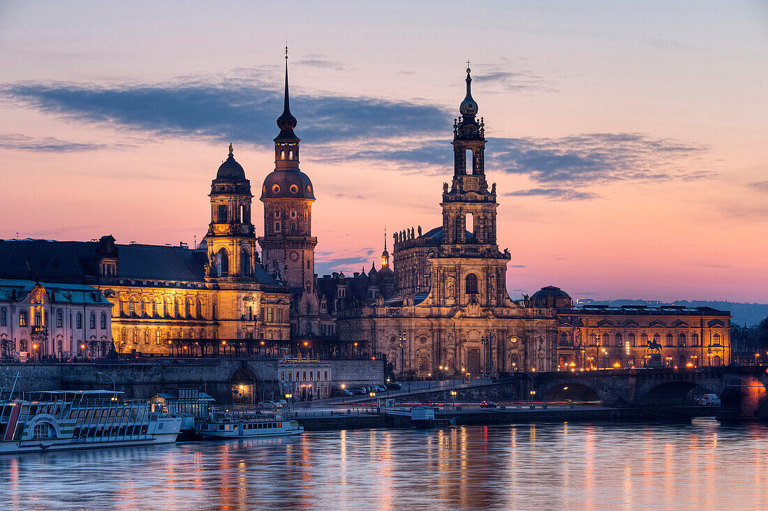 Elbe river with Dresden Castle and Hofkirche at dusk, Dresden Saxony, Germany, Europe
