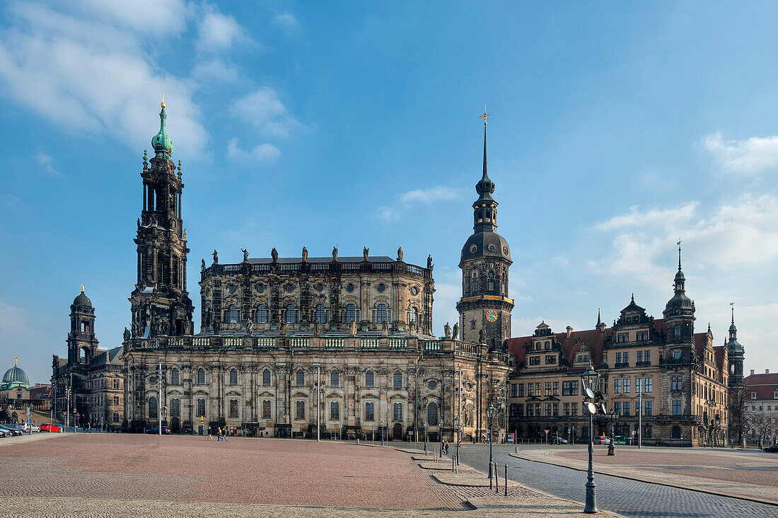 Hofkirche and Dresden Castle under clouded sky, Dresden, Saxony, Germany, Europe