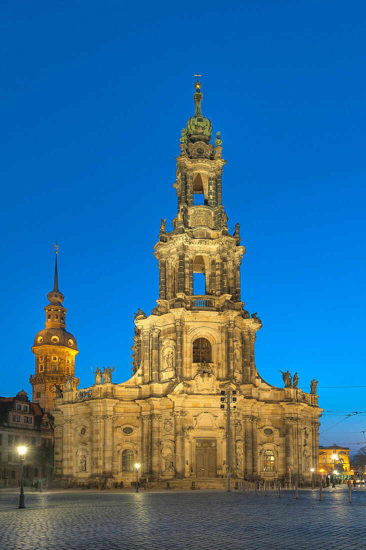 Hofkirche at dusk, Dresden, Saxony, Germany, Europe