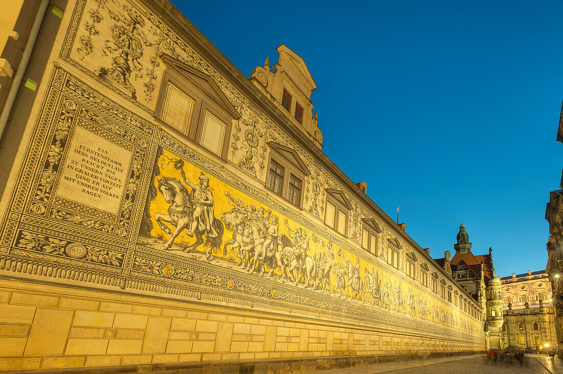 Fuerstenzug at dusk, Dresden, Saxony, Germany, Europe