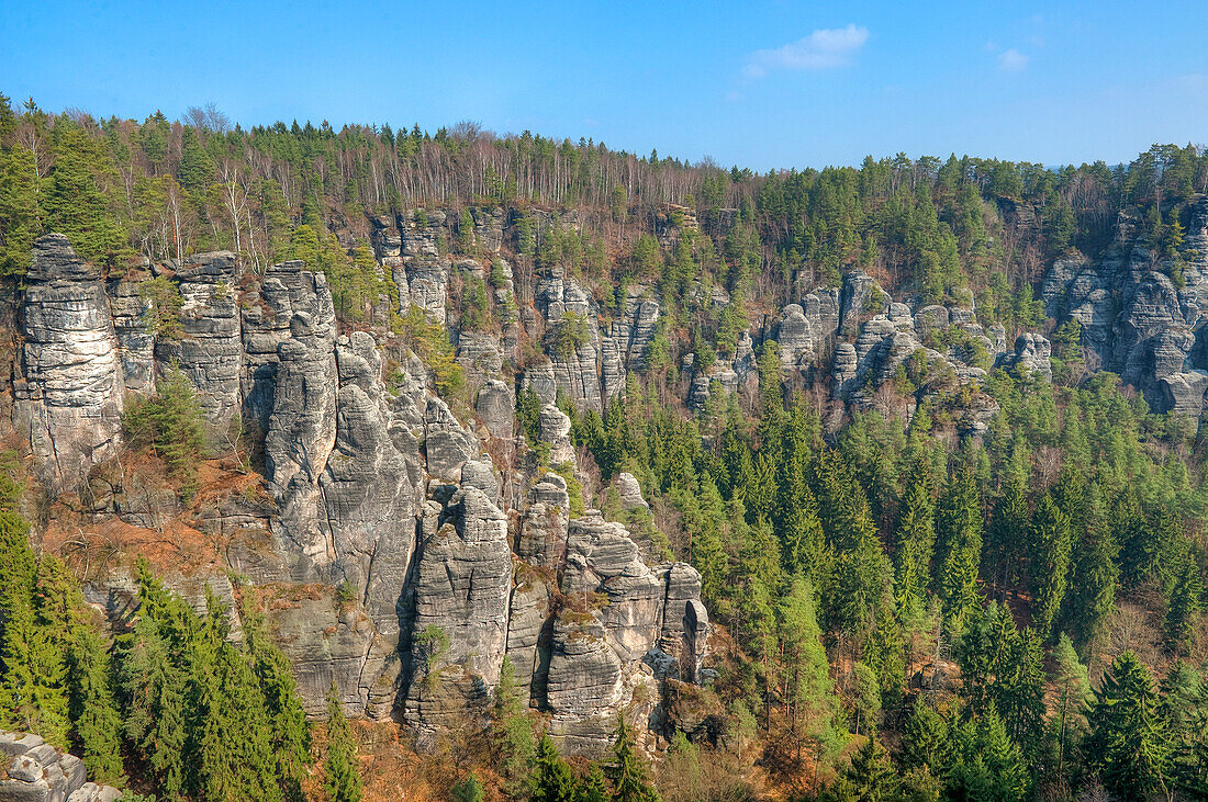 View from the Bastei rock onto rock formations, Elbe Sandstone mountains, Saxon Switzerland, Saxony, Germany, Europe