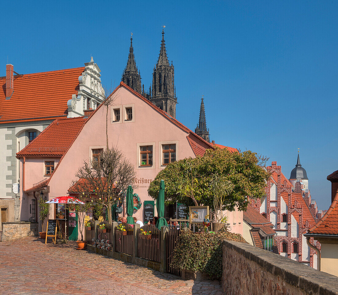Restaurant in front of Albrechtsburg castle with cathedral, Meissen, Saxony, Germany, Europe