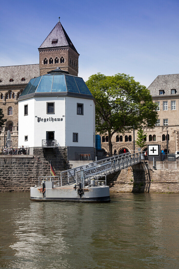 Pegelhaus and pier on Rhine river, Koblenz, Rhineland-Palatinate, Germany, Europe