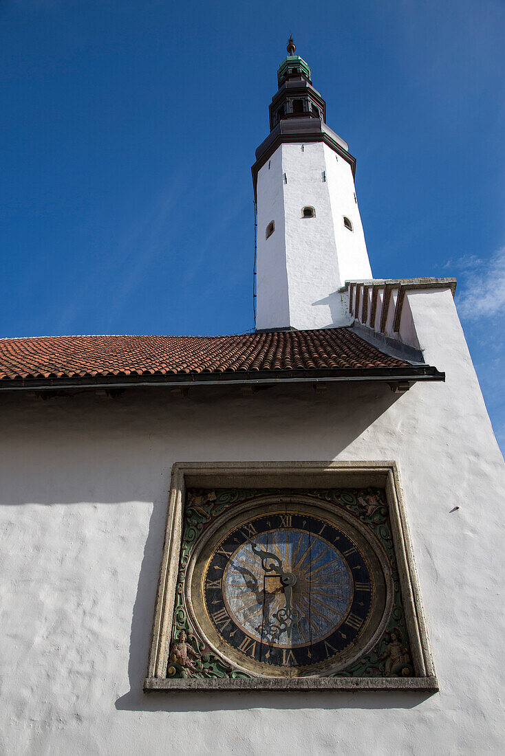 Wooden medieval clock at the Holy Ghost Church, Tallinn, Harjumaa, Estonia, Baltic States, Europe