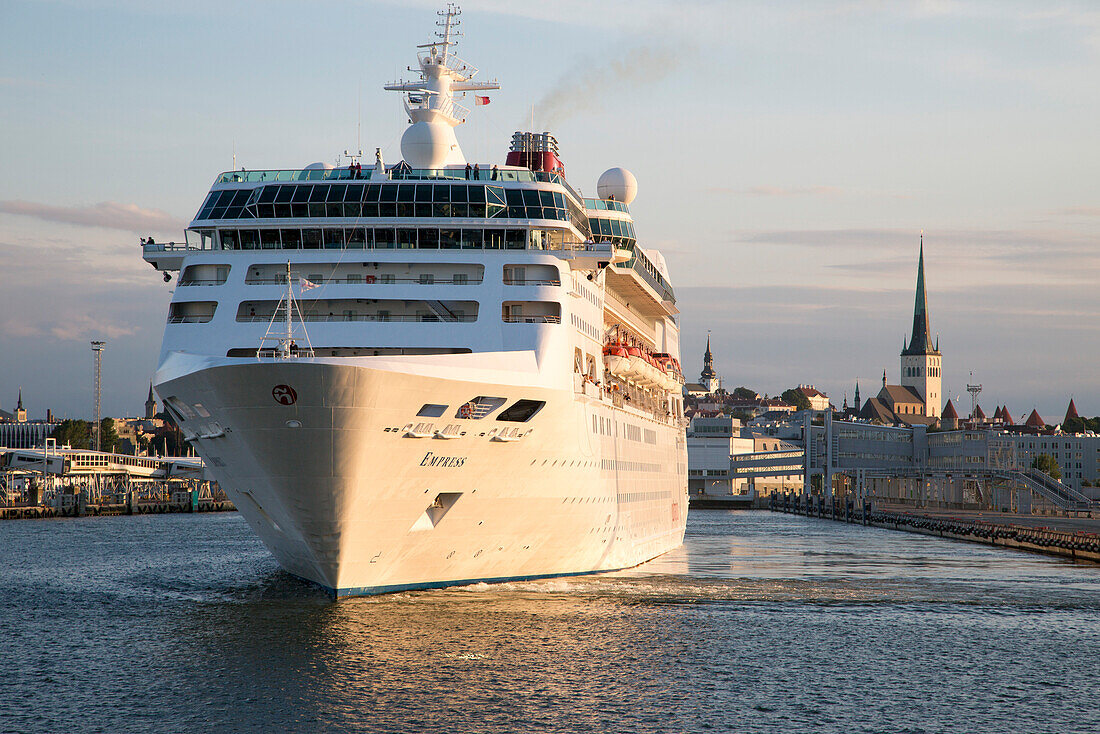 Cruise ship MS Empress in front of steeples in the evening light, Tallinn, Harjumaa, Estonia, Baltic States, Europe