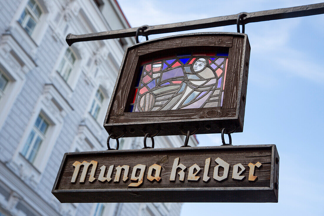 Wooden Munga kelder sign, Tallinn, Harjumaa, Estonia, Baltic States, Europe
