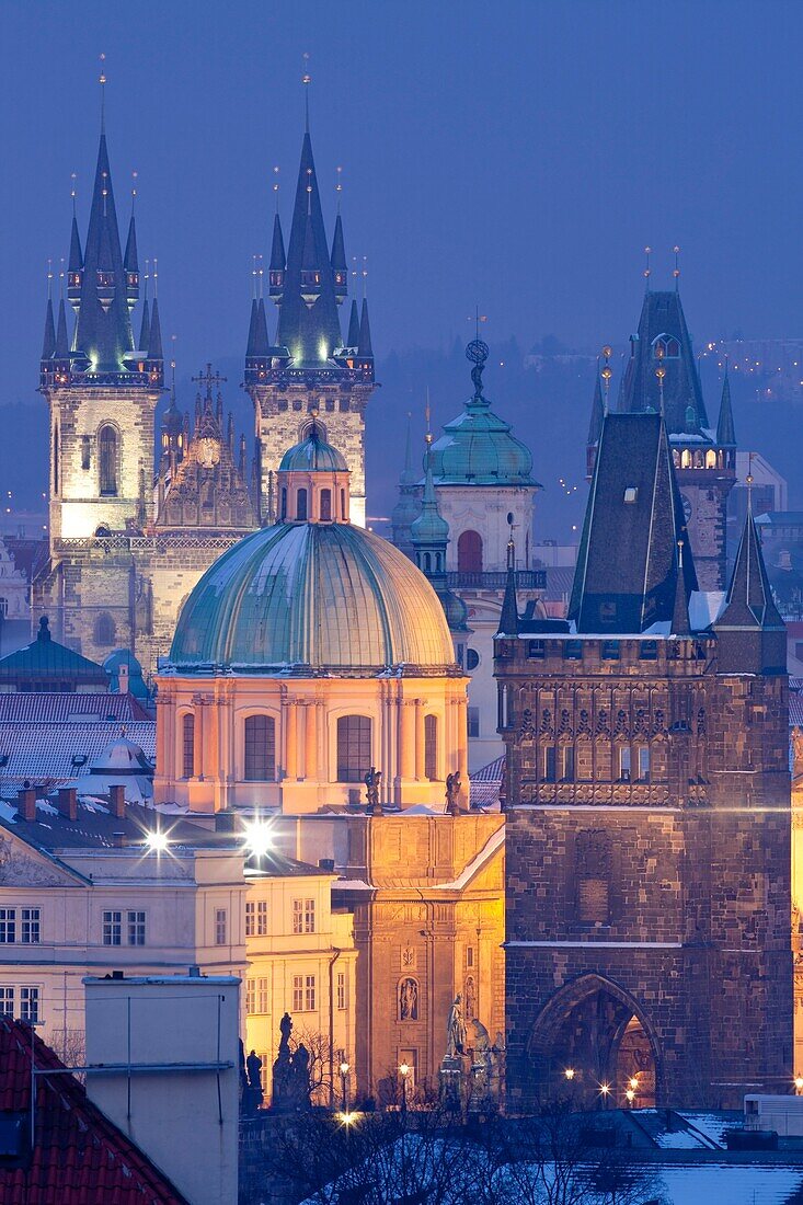 czech republic, prague - spires of the old town at dusk