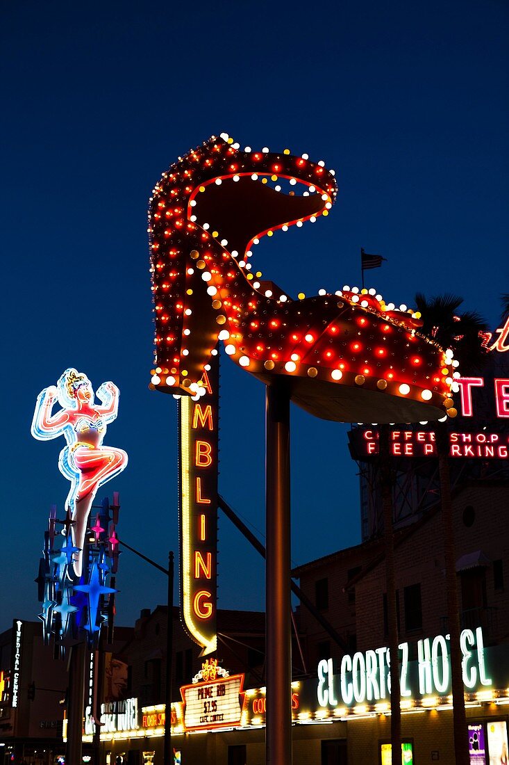 USA, Nevada, Las Vegas, Downtown, Fremont Street East, old neon signs, evening