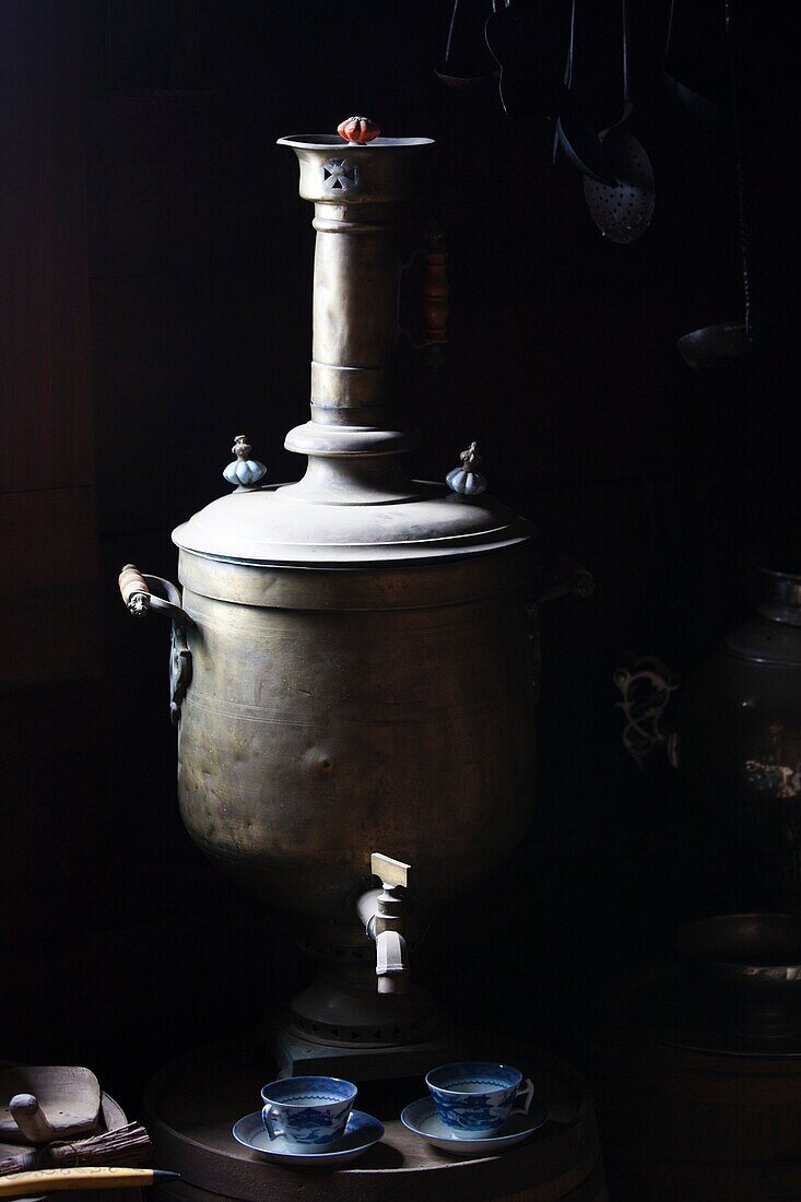 USA, California, Northern California, North Coast, Fort Ross, Fort Ross State Historic Park, site of Russian trading colony established in 1812, Russian samovar tea kettle