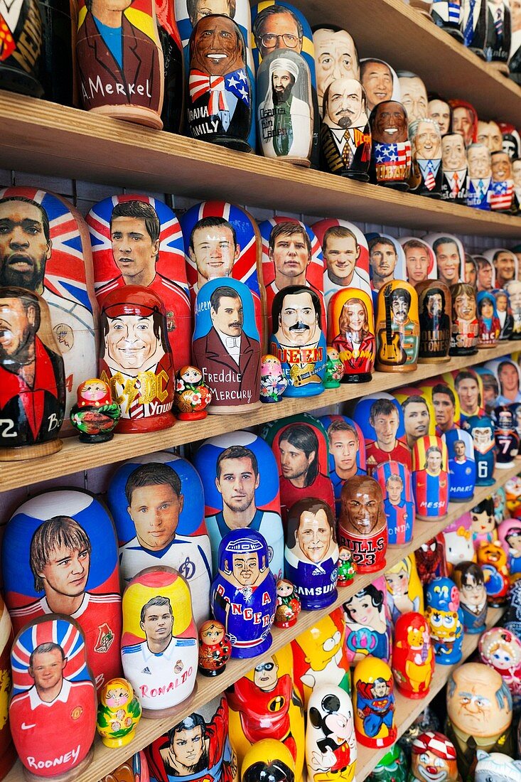 Russia, Moscow Oblast, Moscow, Red Square, souvenir matryoshka nesting dolls with sports theme
