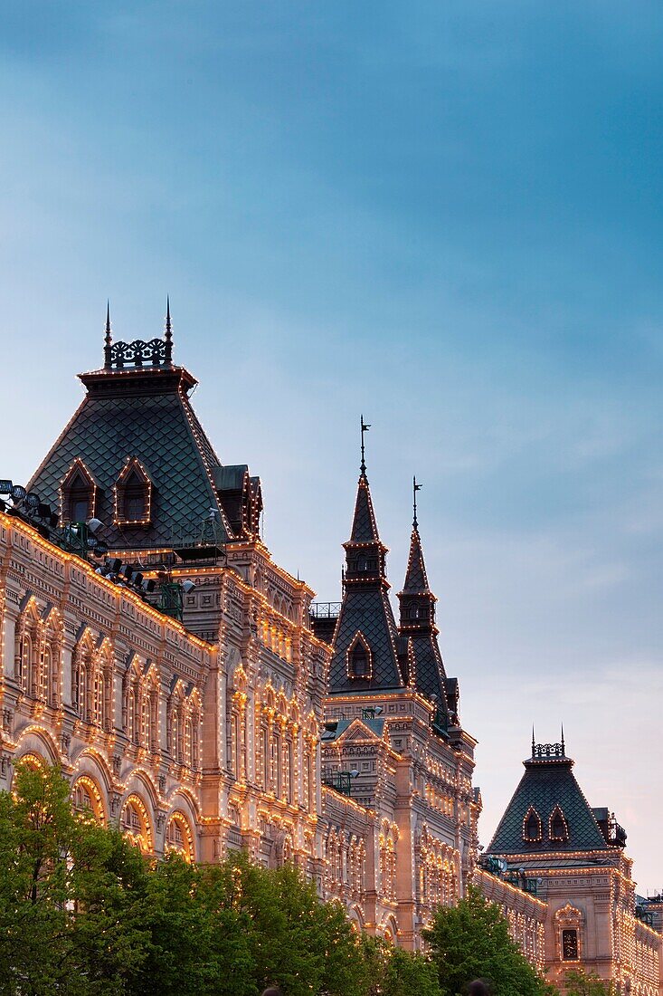 Russia, Moscow Oblast, Moscow, Red Square, GUM Shopping Mall, exterior, evening