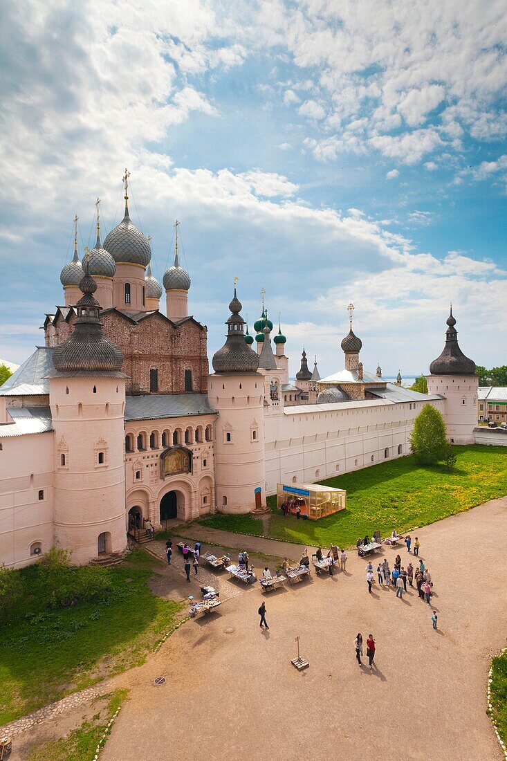 Russia, Yaroslavl Oblast, Golden Ring, Rostov-Veliky, elevated view of the Rostov Kremlin North Gate from the belltower