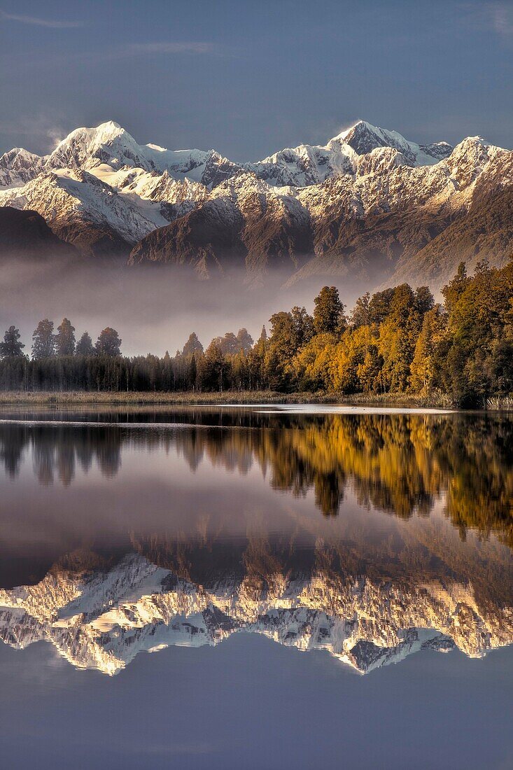 Lake Matheson dawn reflection, Mt Tasman left and Aoraki / Mt Cook, near Fox Glacier, Westland National Park , West Coast