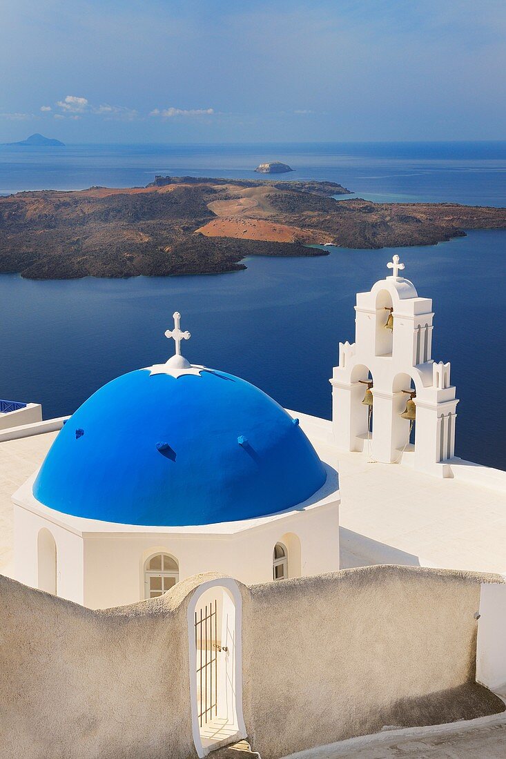 Blue domes of church in Firostefani village, Santorini, Aegean Island, Cyclades Island, Greek Islands, Greece, Europe